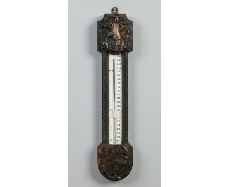 A Victorian wall mounted thermometer by Negretti & Zambra in carved coromandel case adorned with Chinese figures, birds and f