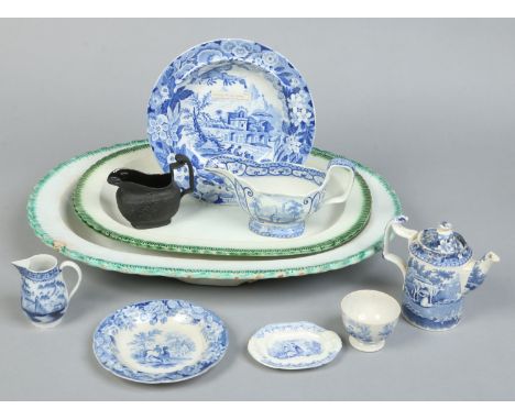 A pearlware meat dish and another serving dish with feather moulded rims edged in green enamel c.1790 along with a collection