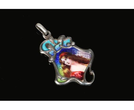 A Continental Art Nouveau enamelled silver pendant decorated with a portrait of a maiden. Punch marks, 5cm. Condition Report.