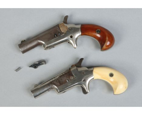 Two Colt .41 calibre rim fire Derringer pocket pistols. Each with nickel plated frame, one with carved ivory scales and the o