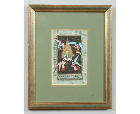An antique Persian framed double sided manuscript page. One side illustrated with a mounted figure and four winged figures un