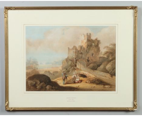 James Baynes (1766-1837) gilt framed watercolour. Titled view of Norham castle with figures at the fore, 32cm x 45cm. Conditi
