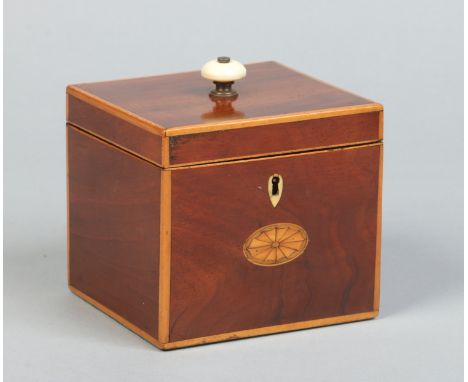 A small Regency mahogany tea caddy. With ivory knopped finial, banded in boxwood and with fan patera, 14cm. Condition Report.