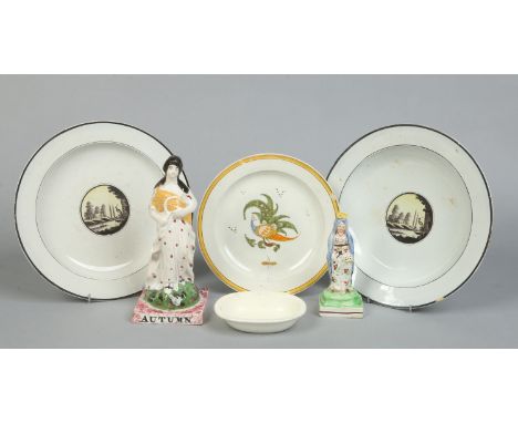Two early 19th century pearlware figures, Autumn and the Virgin Mary, a small Don pottery creamware dish, a pearlware dish en