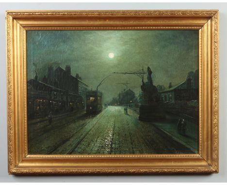 After John Atkinson Grimshaw, a gilt framed oil on canvas. Moonlit street scene with a tram. Signed indistinct and dated 1904