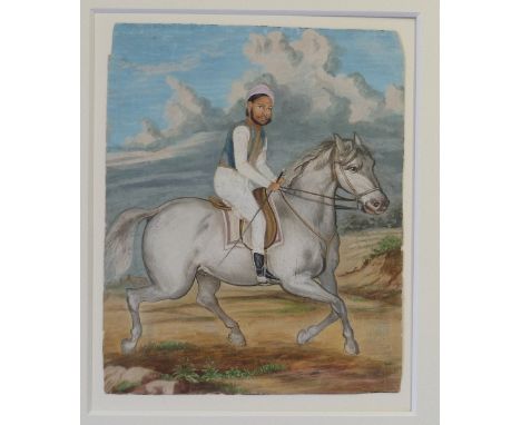 19thC Indian School Portrait of a young Indian man riding a grey horse  watercolour, 11in x 9in (28cm x 23cm), mounted. THIS 
