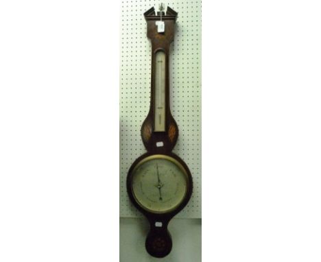 A George III Masonic mahogany cased Wheel barometer and thermometer, with inlaid shell and floral decoration, the silvered di