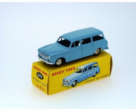 Dinky Toys; French issues, No.24F Familiale 403 Peugeot, light blue, boxed, and No.24T 2 CV. Citroen, maroon and grey, boxed 