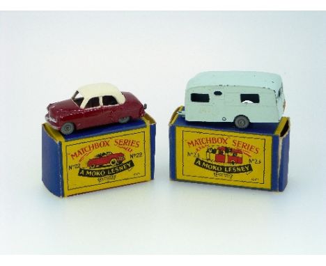 Matchbox Moko Lesney No.22 Vauxhall Cresta, maroon and white, boxed, and No.23 Berkeley Caravan, pale blue, 'On Tow', boxed (