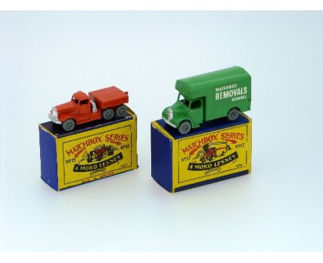 Matchbox Moko Lesney No.15 Super Atlantic Tractor, orange, boxed, and No.17 Bedford Removals Van, green, 'Matchbox Removals S