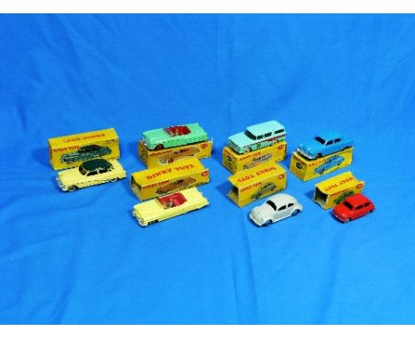 Dinky Toys; No.24V Buick Roadmaster, cream and green; No.131 Cadillac Tourer, yellow; No.132 Packard Convertible, light green