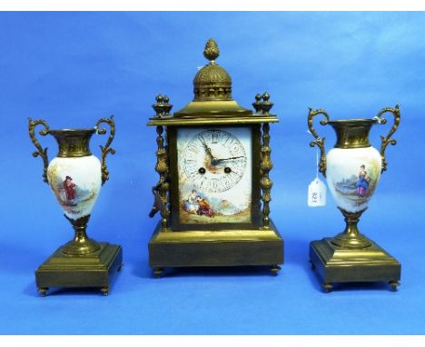 A late 19thC French gilt metal and porcelain three-piece Clock Garniture, the mantel clock of architectural form with painted