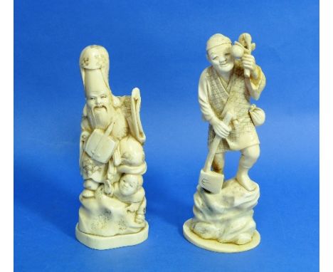 A Japanese carved ivory figure of a Labourer, standing on a rock and holding an axe, repairs to hand and base, 7½in (19cm) hi