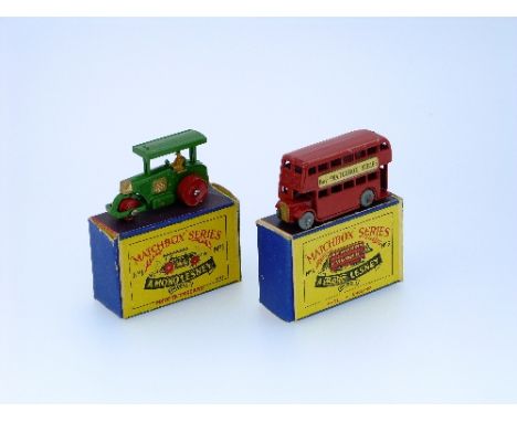 Matchbox Moko Lesney No.1 Aveling Barford Road Roller, green and red, boxed, and No.5 London Bus, red, 'Buy Matchbox Toys', b