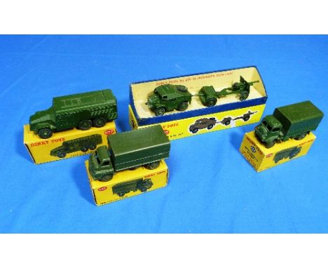 Dinky No.697 25-Pounder Field Gun Set, boxed, together Dinky No.623 Army Covered Wagon, two examples, and No.677 Armoured Com