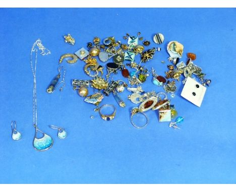 A large collection of Jewellery, including a silver mounted pendant and earrings, of tear drop shape with blue enamel centres