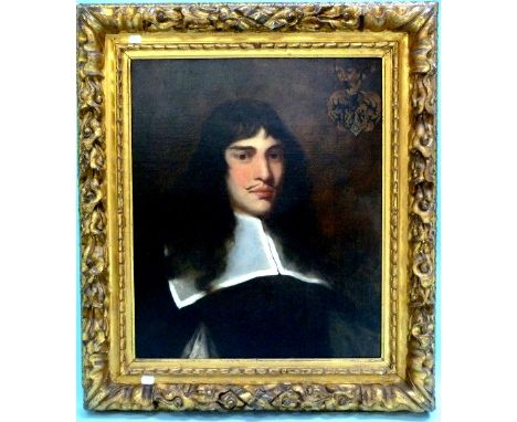 19thC English School Portrait of a Gentleman, in 17thC costume, with family crest oil on canvas,  24in x 20in (61cm x 51cm), 