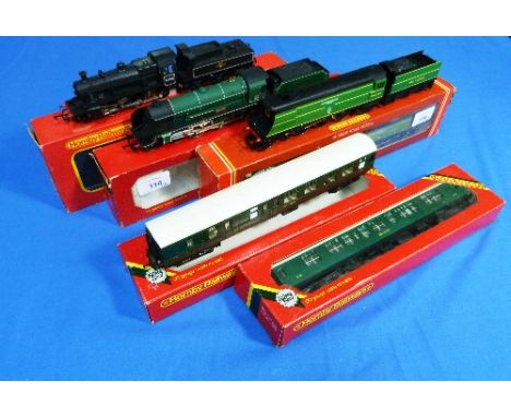 Hornby Railways '00' gauge; R.374 S.R. 4-6-2 Battle of Britain 'Spitfire' locomotive and tender, boxed, and R.857 2-6-0 Ivatt