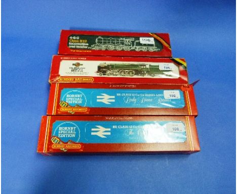 Hornby Railways; four '00' gauge locomotives: R.063 B.R. Standard Class 7P6F 'Britannia'; R.150 4-6-0 Class B12 Locomotive an