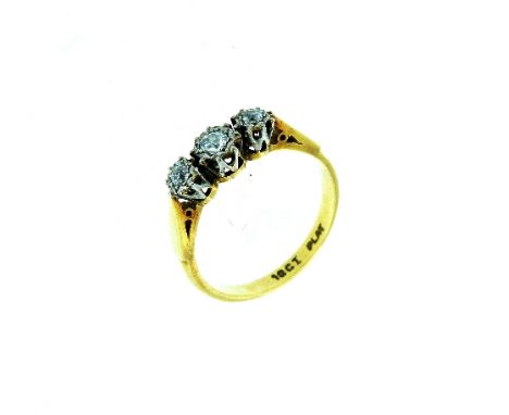 A Ring set with three small diamonds, mounted in 18ct yellow gold and platinum, Size K. THIS LOT WILL BE SOLD ON SATURDAY 12T