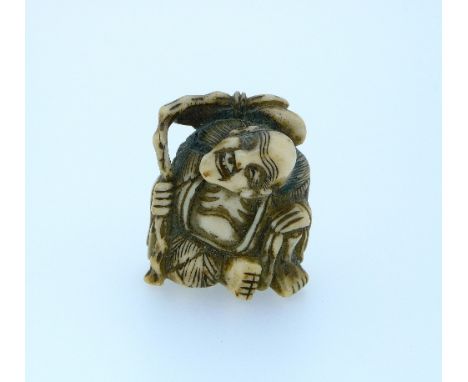 A 19thC Japanese ivory Netsuke, carved as a hermit, 1¼in (3.25cm) high. THIS LOT WILL BE SOLD ON SATURDAY 12TH SEPTEMBER STAR