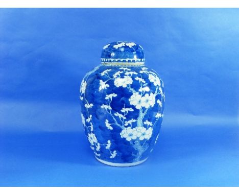 A Chinese blue and white porcelain Ginger Jar and Cover, decorated with prunus, the base with double blue ring mark, 14in (35