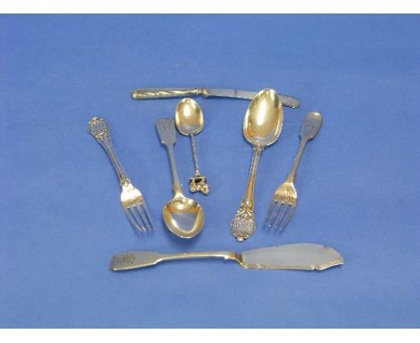 A Victorian silver Spoon and Fork, hallmarked Birmingham, 1852, with moulded handles and engraved decoration, 6in (15cm) long