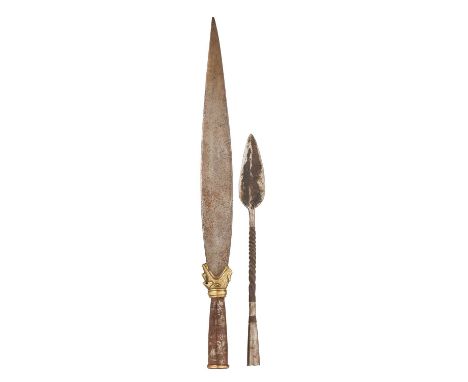 AN AFRICAN SPEARHEAD, POSSIBLY FROM KENYA, AND A FURTHER SPEARHEAD the first with leaf-shaped blade of flattened section, clo