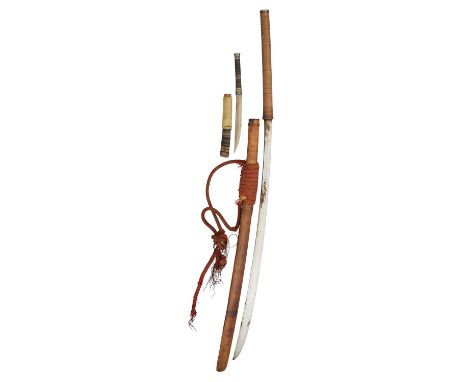 A BURMESE SWORD (DHA) AND A SMALL DAGGER, LATE 19TH/20TH CENTURY the first with curved single-edged blade, rattan bound grip,
