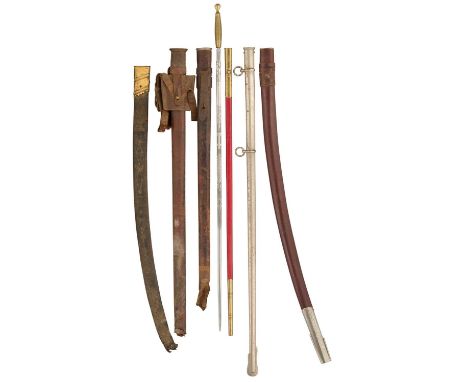 A MASONIC SWORD AND A QUANTITY OF MILITARY SWORD SCABBARDS the first with etched blade decorated with a cross (cross-guard mi