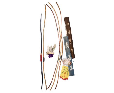 FIVE JAPANESE BOWS, THREE SHOOTING GLOVES (YUGAKE), TWO BOW BAGS AND A QUANTITY OF BOW STRINGS (TSURU), EDO PERIOD AND LATER

