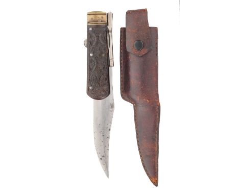 AN INDIAN FOLDING BOWIE KNIFE IN ITS SCABBARD, 19TH CENTURY with single-edged blade, characteristic clipped-back point, inden