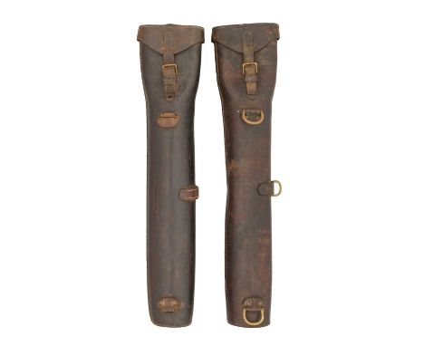 A PAIR OF MILITARY LEATHER SADDLE BUCKETS, LATE 19TH/EARLY 20TH CENTURY the first formed of robust leather, with a tubular se