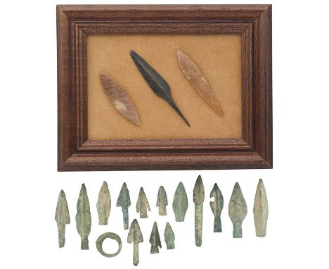 TWO STONE ARROWHEADS AND FOURTEEN COPPER ALLOY ARROWHEADS, PROBABLY 10,000 – 900 B.C.E the first two each of knapped flint; t