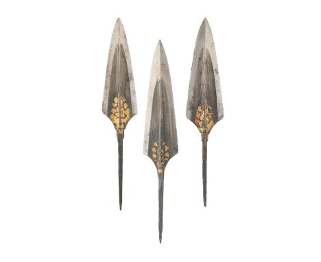 THREE NORTH INDIAN ARROWHEADS, 18TH CENTURY, PROBABLY RAJASTHAN each with katar-shaped head, decorated with gold at the base,