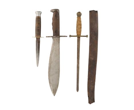 A DAGGER, 18TH CENTURY, A U.S. TRENCH KNIFE, DATED 1918, A FURTHER DAGGER AND A SCABBARD the first with tapering blade, coppe