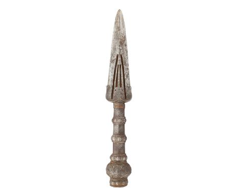 A SOUTH INDIAN LARGE SPEAR HEAD (VEL), 17TH CENTURY, BANGALORE OR MYSORE, KARNATAKA with tapering reinforced head formed with