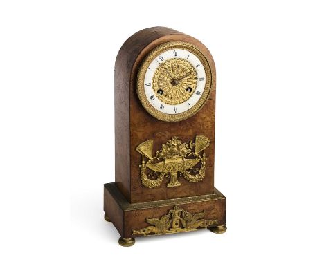 A RESTAURATION ORMOLU-MOUNTED BURR WOOD MANTEL CLOCK, PARIS, CIRCA 1840 eight-day movement with silk suspension to the pendul