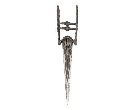 A SOUTH INDIAN DAGGER (KATAR), 17TH CENTURY, POSSIBLY ARCOT, TAMIL NADU with tapering blade formed with a reinforced point an
