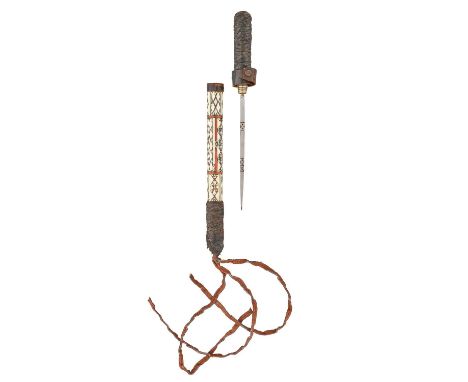 A CAMEL WHIP WITH CONCEALED SPIKE, 20TH CENTURY with three-strand leather whip (unbraided) on a grip with inlaid geometric pa