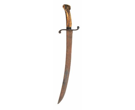 A HUNTING SWORD, LATE 18TH/19TH CENTURY with broad curved single-edged blade, iron cross-guard with recurved rounded quillon 
