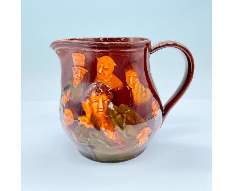 A brown glazed pitcher featuring a man lost in thought and surrounded by friends. Royal Doulton backstamp. Issued: 20th centu