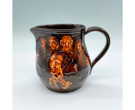 A brown glazed pitcher featuring a man lost in thought and surrounded by friends. Royal Doulton backstamp. Issued: 20th centu