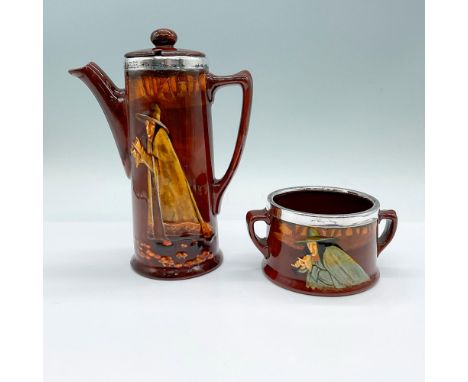 Brown glazed set featuring the piper in reliefs. Includes a coffee set with sterling silver rims; covered coffee pot, and sug