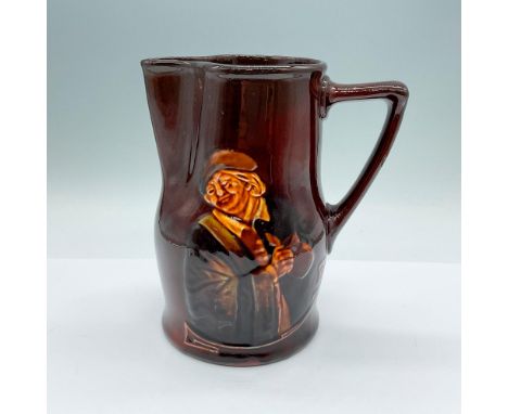 Brown glazed pitcher with low relief of a man holding a tankard. On one side reads the inscription: Would you know the value 