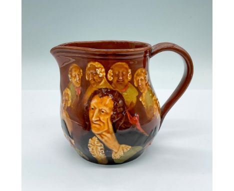 A brown glazed pitcher featuring a man lost in thought and surrounded by friends. Royal Doulton backstamp. Issued: 20th centu