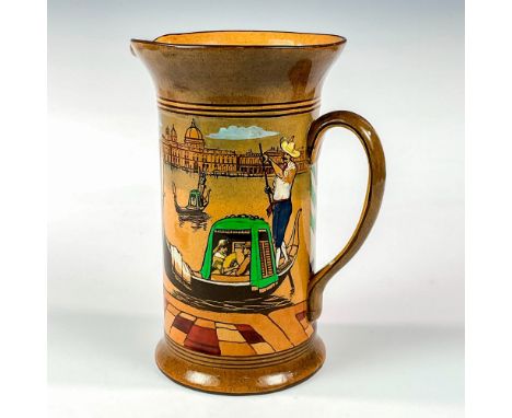 A porcelain brown pitcher that has a scene painted of gondoliers in Venice taking couples on a gondola ride. Royal Doulton ba