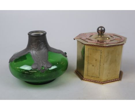 Art Deco brass &amp; copper tea caddy together with a green glass &amp; pewter vase 