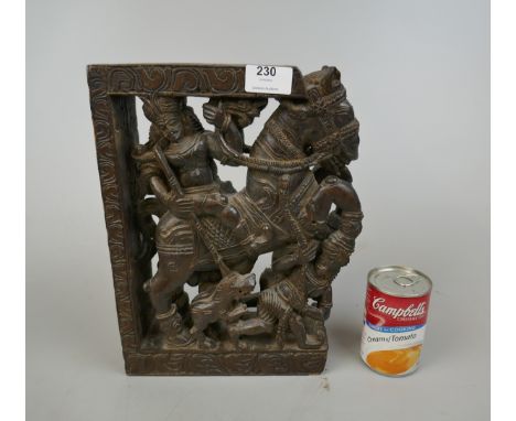 Early antique handmade carving/panel Hindu gods Man on horse &amp; man with dog