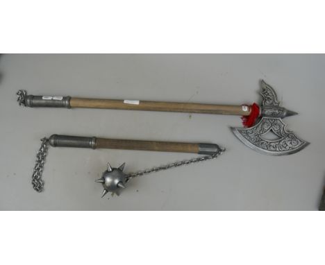Reproduction ball and chain mace together with a reproduction fighting axe 